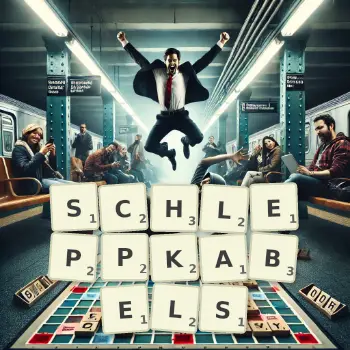 Kreative Illustration für ein Scrabble-Spiel, bei dem das Wort SCHLEPPKABELS mit Steinen auf dem Brett gelegt wurde.