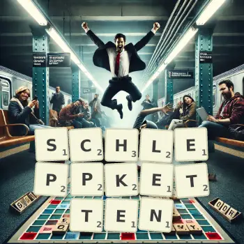 Kreative Illustration für ein Scrabble-Spiel, bei dem das Wort SCHLEPPKETTEN mit Steinen auf dem Brett gelegt wurde.