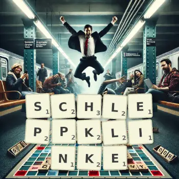 Kreative Illustration für ein Scrabble-Spiel, bei dem das Wort SCHLEPPKLINKE mit Steinen auf dem Brett gelegt wurde.