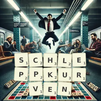 Kreative Illustration für ein Scrabble-Spiel, bei dem das Wort SCHLEPPKURVEN mit Steinen auf dem Brett gelegt wurde.