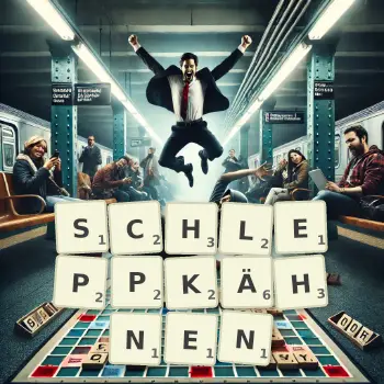 Kreative Illustration für ein Scrabble-Spiel, bei dem das Wort SCHLEPPKÄHNEN mit Steinen auf dem Brett gelegt wurde.