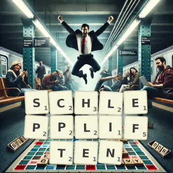 Kreative Illustration für ein Scrabble-Spiel, bei dem das Wort SCHLEPPLIFTEN mit Steinen auf dem Brett gelegt wurde.