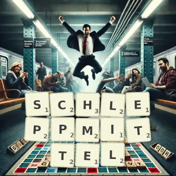 Kreative Illustration für ein Scrabble-Spiel, bei dem das Wort SCHLEPPMITTEL mit Steinen auf dem Brett gelegt wurde.