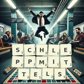 Kreative Illustration für ein Scrabble-Spiel, bei dem das Wort SCHLEPPMITTELS mit Steinen auf dem Brett gelegt wurde.