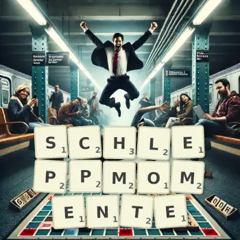 Kreative Illustration für ein Scrabble-Spiel, bei dem das Wort SCHLEPPMOMENTE mit Steinen auf dem Brett gelegt wurde.