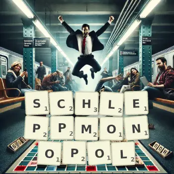 Kreative Illustration für ein Scrabble-Spiel, bei dem das Wort SCHLEPPMONOPOL mit Steinen auf dem Brett gelegt wurde.