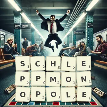 Kreative Illustration für ein Scrabble-Spiel, bei dem das Wort SCHLEPPMONOPOLE mit Steinen auf dem Brett gelegt wurde.