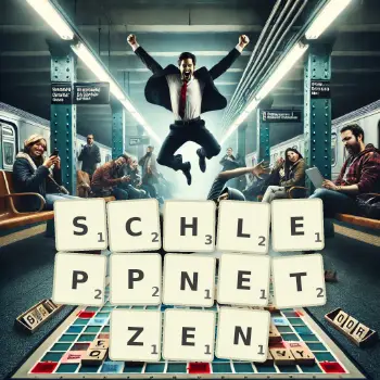 Kreative Illustration für ein Scrabble-Spiel, bei dem das Wort SCHLEPPNETZEN mit Steinen auf dem Brett gelegt wurde.
