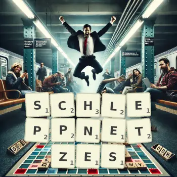 Kreative Illustration für ein Scrabble-Spiel, bei dem das Wort SCHLEPPNETZES mit Steinen auf dem Brett gelegt wurde.