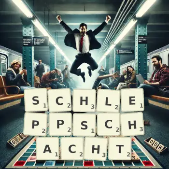Kreative Illustration für ein Scrabble-Spiel, bei dem das Wort SCHLEPPSCHACHT mit Steinen auf dem Brett gelegt wurde.