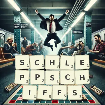 Kreative Illustration für ein Scrabble-Spiel, bei dem das Wort SCHLEPPSCHIFFS mit Steinen auf dem Brett gelegt wurde.