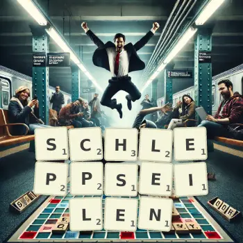 Kreative Illustration für ein Scrabble-Spiel, bei dem das Wort SCHLEPPSEILEN mit Steinen auf dem Brett gelegt wurde.