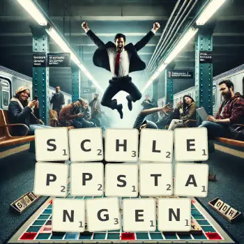 Kreative Illustration für ein Scrabble-Spiel, bei dem das Wort SCHLEPPSTANGEN mit Steinen auf dem Brett gelegt wurde.