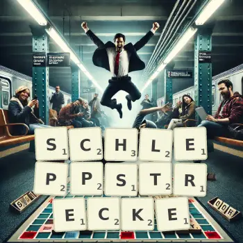 Kreative Illustration für ein Scrabble-Spiel, bei dem das Wort SCHLEPPSTRECKE mit Steinen auf dem Brett gelegt wurde.