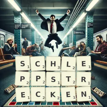 Kreative Illustration für ein Scrabble-Spiel, bei dem das Wort SCHLEPPSTRECKEN mit Steinen auf dem Brett gelegt wurde.