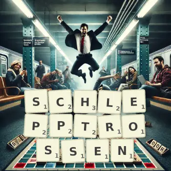 Kreative Illustration für ein Scrabble-Spiel, bei dem das Wort SCHLEPPTROSSEN mit Steinen auf dem Brett gelegt wurde.