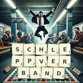 Kreative Illustration für ein Scrabble-Spiel, bei dem das Wort SCHLEPPVERBAND mit Steinen auf dem Brett gelegt wurde.