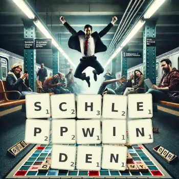 Kreative Illustration für ein Scrabble-Spiel, bei dem das Wort SCHLEPPWINDEN mit Steinen auf dem Brett gelegt wurde.