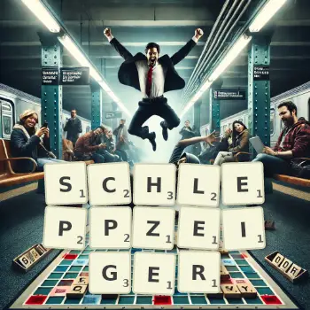 Kreative Illustration für ein Scrabble-Spiel, bei dem das Wort SCHLEPPZEIGER mit Steinen auf dem Brett gelegt wurde.