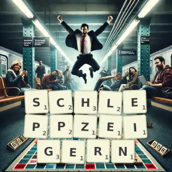 Kreative Illustration für ein Scrabble-Spiel, bei dem das Wort SCHLEPPZEIGERN mit Steinen auf dem Brett gelegt wurde.