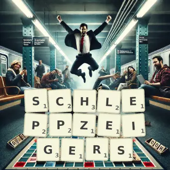 Kreative Illustration für ein Scrabble-Spiel, bei dem das Wort SCHLEPPZEIGERS mit Steinen auf dem Brett gelegt wurde.