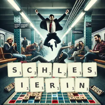Kreative Illustration für ein Scrabble-Spiel, bei dem das Wort SCHLESIERIN mit Steinen auf dem Brett gelegt wurde.