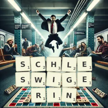 Kreative Illustration für ein Scrabble-Spiel, bei dem das Wort SCHLESWIGERIN mit Steinen auf dem Brett gelegt wurde.