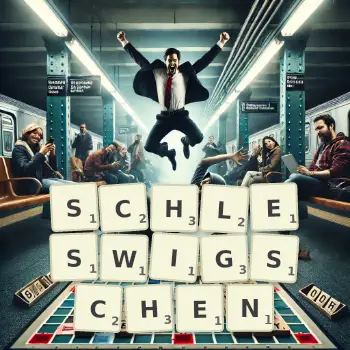 Kreative Illustration für ein Scrabble-Spiel, bei dem das Wort SCHLESWIGSCHEN mit Steinen auf dem Brett gelegt wurde.