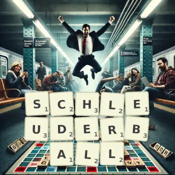 Kreative Illustration für ein Scrabble-Spiel, bei dem das Wort SCHLEUDERBALL mit Steinen auf dem Brett gelegt wurde.