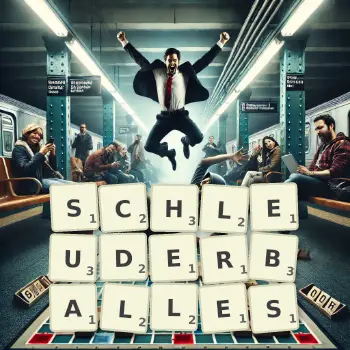 Kreative Illustration für ein Scrabble-Spiel, bei dem das Wort SCHLEUDERBALLES mit Steinen auf dem Brett gelegt wurde.