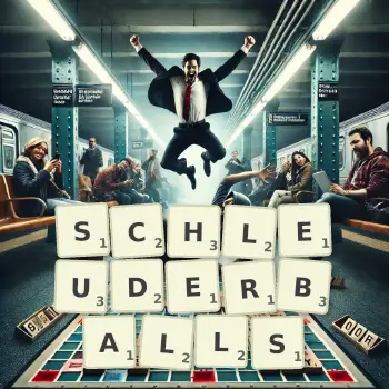 Kreative Illustration für ein Scrabble-Spiel, bei dem das Wort SCHLEUDERBALLS mit Steinen auf dem Brett gelegt wurde.