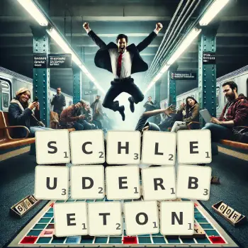 Kreative Illustration für ein Scrabble-Spiel, bei dem das Wort SCHLEUDERBETON mit Steinen auf dem Brett gelegt wurde.