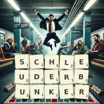 Kreative Illustration für ein Scrabble-Spiel, bei dem das Wort SCHLEUDERBUNKER mit Steinen auf dem Brett gelegt wurde.