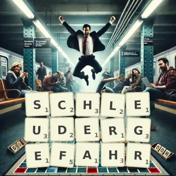 Kreative Illustration für ein Scrabble-Spiel, bei dem das Wort SCHLEUDERGEFAHR mit Steinen auf dem Brett gelegt wurde.