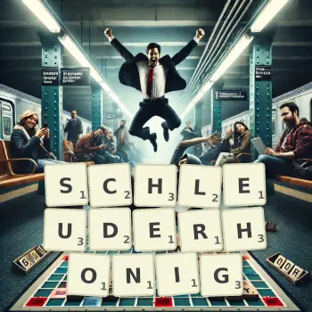 Kreative Illustration für ein Scrabble-Spiel, bei dem das Wort SCHLEUDERHONIG mit Steinen auf dem Brett gelegt wurde.