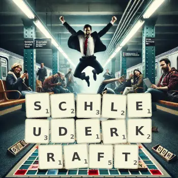 Kreative Illustration für ein Scrabble-Spiel, bei dem das Wort SCHLEUDERKRAFT mit Steinen auf dem Brett gelegt wurde.