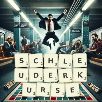 Kreative Illustration für ein Scrabble-Spiel, bei dem das Wort SCHLEUDERKURSE mit Steinen auf dem Brett gelegt wurde.