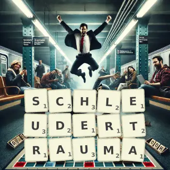 Kreative Illustration für ein Scrabble-Spiel, bei dem das Wort SCHLEUDERTRAUMA mit Steinen auf dem Brett gelegt wurde.