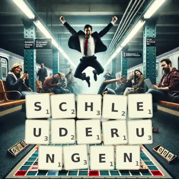 Kreative Illustration für ein Scrabble-Spiel, bei dem das Wort SCHLEUDERUNGEN mit Steinen auf dem Brett gelegt wurde.