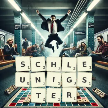 Kreative Illustration für ein Scrabble-Spiel, bei dem das Wort SCHLEUNIGSTER mit Steinen auf dem Brett gelegt wurde.