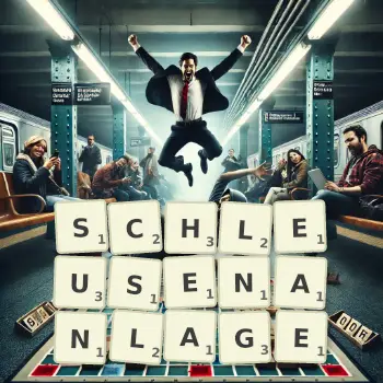 Kreative Illustration für ein Scrabble-Spiel, bei dem das Wort SCHLEUSENANLAGE mit Steinen auf dem Brett gelegt wurde.