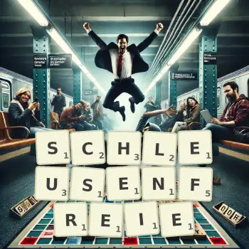 Kreative Illustration für ein Scrabble-Spiel, bei dem das Wort SCHLEUSENFREIE mit Steinen auf dem Brett gelegt wurde.