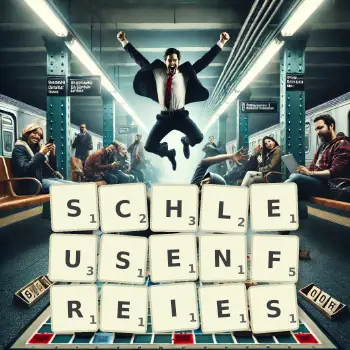 Kreative Illustration für ein Scrabble-Spiel, bei dem das Wort SCHLEUSENFREIES mit Steinen auf dem Brett gelegt wurde.