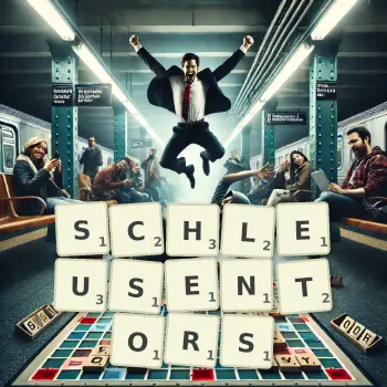 Kreative Illustration für ein Scrabble-Spiel, bei dem das Wort SCHLEUSENTORS mit Steinen auf dem Brett gelegt wurde.