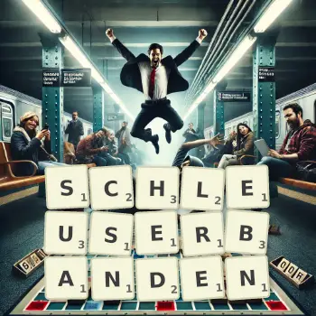 Kreative Illustration für ein Scrabble-Spiel, bei dem das Wort SCHLEUSERBANDEN mit Steinen auf dem Brett gelegt wurde.