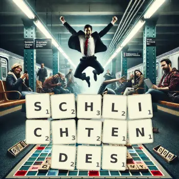 Kreative Illustration für ein Scrabble-Spiel, bei dem das Wort SCHLICHTENDES mit Steinen auf dem Brett gelegt wurde.