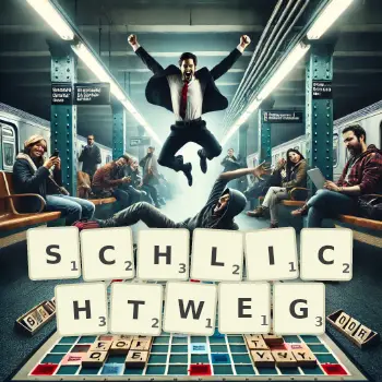 Kreative Illustration für ein Scrabble-Spiel, bei dem das Wort SCHLICHTWEG mit Steinen auf dem Brett gelegt wurde.