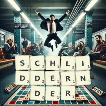 Kreative Illustration für ein Scrabble-Spiel, bei dem das Wort SCHLIDDERNDER mit Steinen auf dem Brett gelegt wurde.