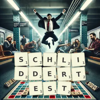 Kreative Illustration für ein Scrabble-Spiel, bei dem das Wort SCHLIDDERTEST mit Steinen auf dem Brett gelegt wurde.
