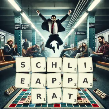 Kreative Illustration für ein Scrabble-Spiel, bei dem das Wort SCHLIEAPPARAT mit Steinen auf dem Brett gelegt wurde.